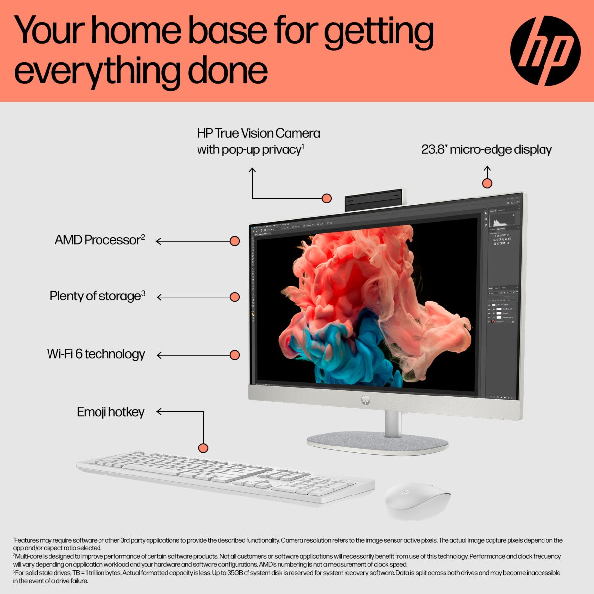 HP All-in-One 24-cr0003na AMD Ryzen™ 5 7520U 60.5 cm (23.8") 1920 x 1080 pixels All-in-One PC 8 GB LPDDR5-SDRAM 512 GB SSD Windows 11 Home Wi-Fi 6 (802.11ax) White - Image 8